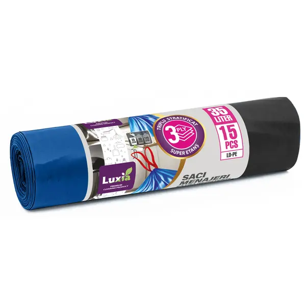 Saci menajeri cu snur Luxia 35 litri 15 buc/rola LDPE albastri Saci menajeri cu snur Luxia 35 litri 15 buc/rola LDPE albastri