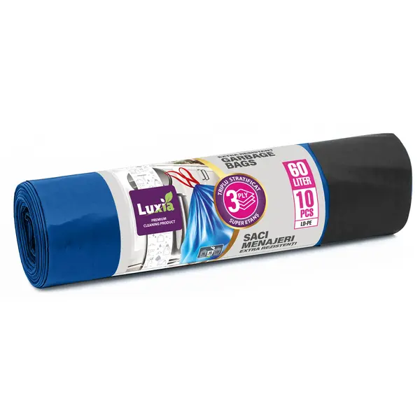 Saci menajeri cu snur Luxia 60 litri 10 buc/rola LDPE albastri Saci menajeri cu snur Luxia 60 litri 10 buc/rola LDPE albastri