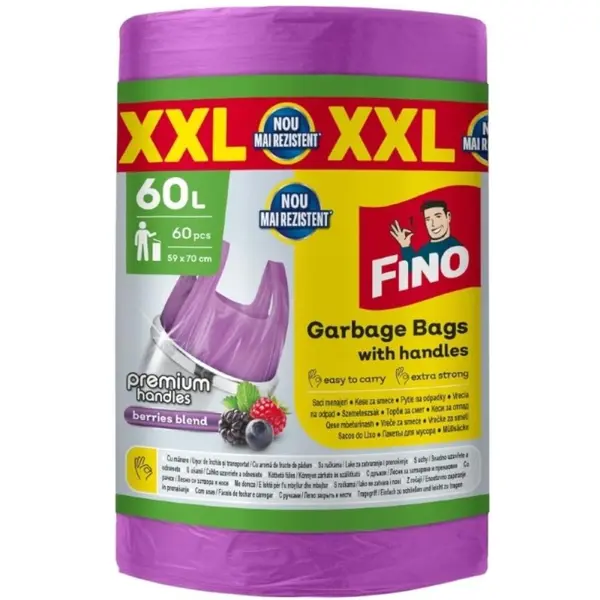 Saci Menajeri Fino Premium, Mov, XXL, cu Maner, Aroma Fructe de Padure, 60 l, 60 Bucati