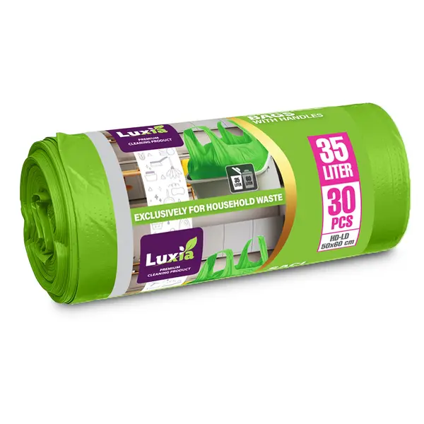 Saci menajeri Luxia 35L cu manere 30 buc/rola HD-LD verzi Saci menajeri Luxia 35L cu manere 30 buc/rola HD-LD verzi