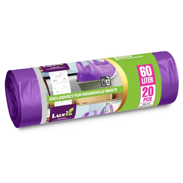 Saci menajeri Luxia 60L cu manere 20 buc/rola HD-LD mov Saci menajeri Luxia 60L cu manere 20 buc/rola HD-LD mov