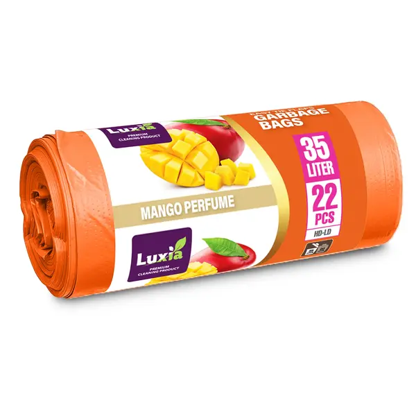 Saci menajeri Luxia cu urechi de prindere 35L 22 buc/rola HD-LD portocaliu parfum mango Saci menajeri Luxia cu urechi de prindere 35L 22 buc/rola HD-LD portocaliu parfum mango