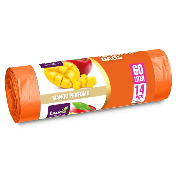 Saci menajeri Luxia cu urechi de prindere 60L 14 buc/rola HD-LD portocaliu parfum mango Saci menajeri Luxia cu urechi de prindere 60L 14 buc/rola HD-LD portocaliu parfum mango