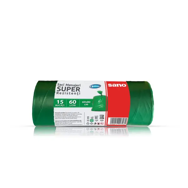 Saci menajeri Sano Optima LDPE 60 L 15 buc/rola Saci menajeri Sano Optima LDPE 60 L 15 buc/rola verzi