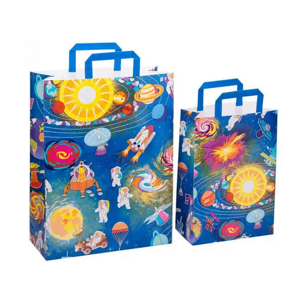 Sacosa cadou copii din hartie cu astronauti in spatiu, 32x14x42 cm, 90 g m ²
