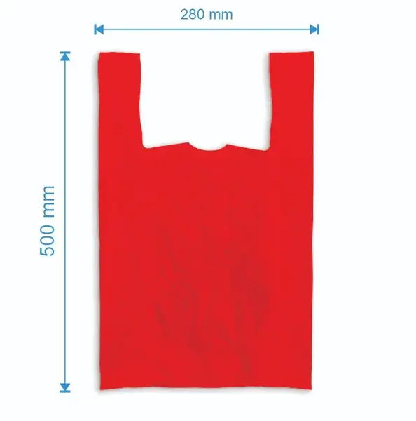 Sacosa maieu 280mm x 500mm - 50 microni grosime, cu pliuri de 70mm, virgin, culoarea rosu