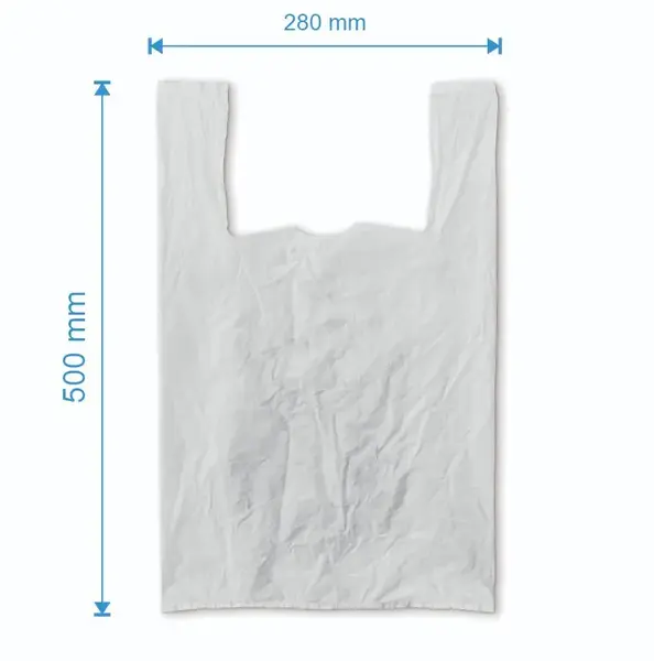 Sacosa maieu 280mm x 500mm - 50 microni grosime, cu pliuri de 70mm, virgin, culoarea alb