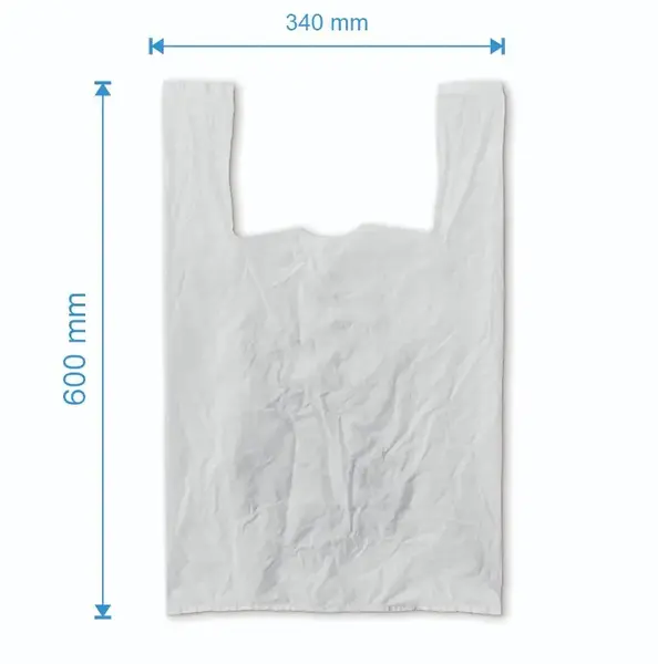 Sacosa maieu 340mm x 600mm - 50 microni grosime, cu pliuri de 100mm, virgin, culoarea albă