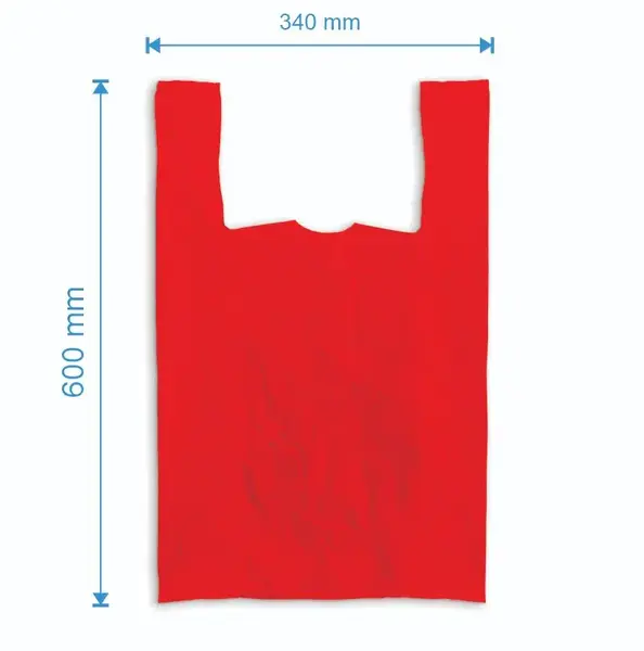 Sacosa maieu 340mm x 600mm - 50 microni grosime, cu pliuri de 100mm, reciclat, culoarea roșie