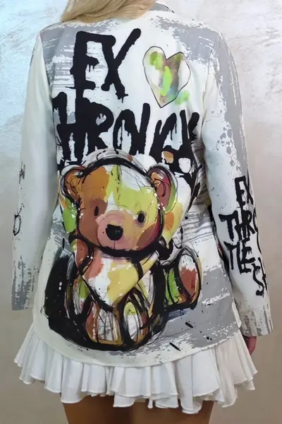 Sacou de zi GRAFFITI, cu imprimeu pop-art, Go To Shop, Alb, Marime S/M