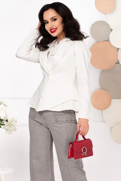 Sacou elegant alb din stofa cu revere si peplum in talie