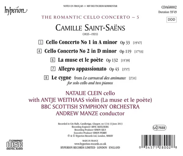 Saint-Saens: Cello Concerto No 1 Op 33 / Cello Concerto No 2 Op 119 / La Muse Et Le Poete Op 132 / Allegro Appassionato Op 43 | Natalie Clein, BBC Scottish Symphony Orchestra, Andrew Manze