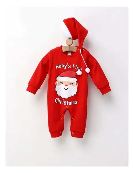 Salopeta+caciulita Baby's first Christmas rosu