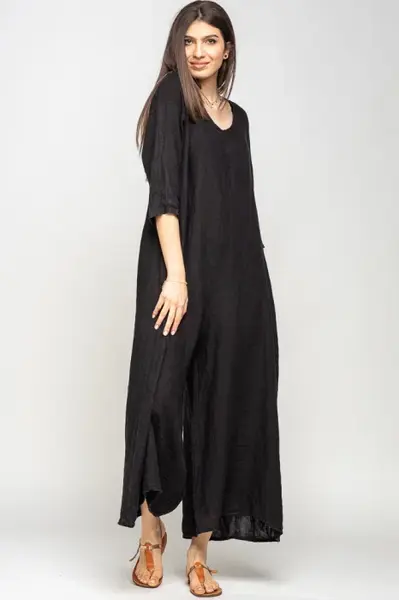 Salopeta de vara larga din in, cu maneci, neagra