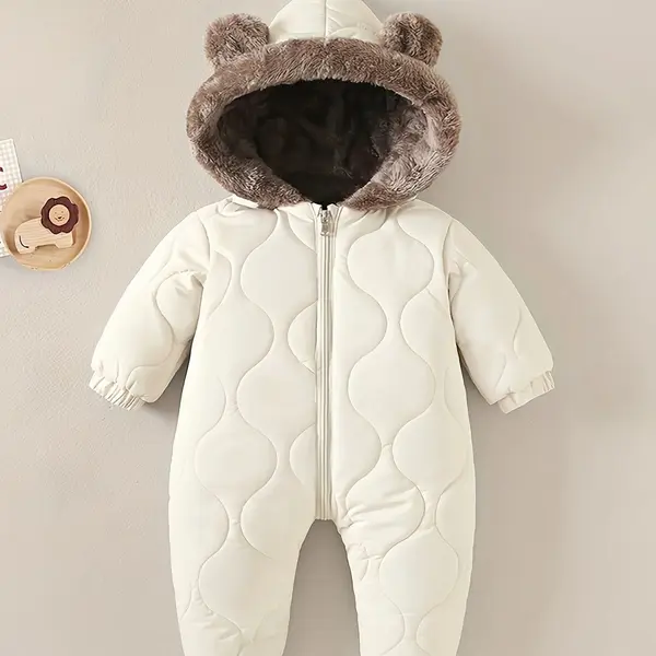 Salopetă unisex de iarnă călduroasă cu glugă, căptușită în polar - bej / 9-12luni