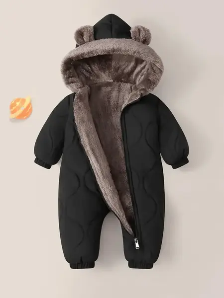 Salopetă unisex de iarnă călduroasă cu glugă, căptușită în polar - negru / 6-9luni