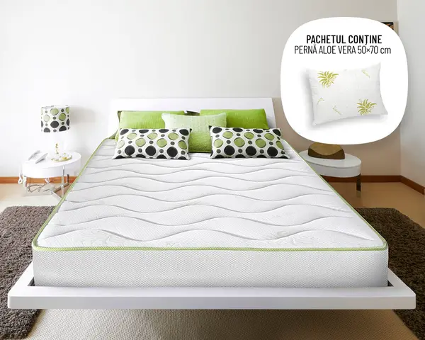 Saltea Ortopedica Green Future Aloe Vera 180x200 cm, memory foam, medie, 18 cm, anatomica, husa cu fibre de bambus tratat cu aloe vera, antialergica