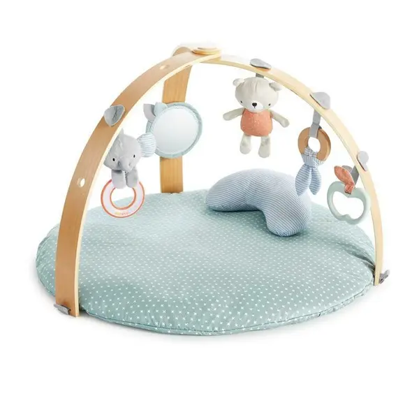 Salteluta interactiva, Ingenuity, Cozy Spot Loamy, Cu jucarii pentru dentitie si zornaitoare, Rezistenta- bara din lemn, Lavabila in masina, 0 luni+, 81 x 81 x 56 cm, Albastru