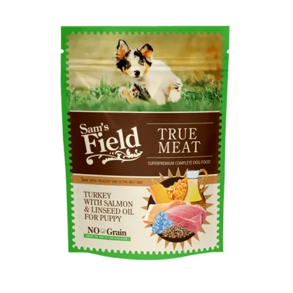 SAM'S FIELD Puppy, XS-XL, Curcan și Somon, plic hrană umedă fără cereale câini junior, (în aspic), 260g