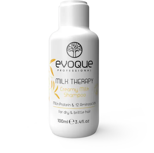 Sampon de Par Hidratant Travel Size, EVOQUE Milk Therapy Creamy Milk, 100 ml - Profesional, Cu Proteine din Lapte si Vitamina E, Fara Sulfati si Parabeni - Evoque