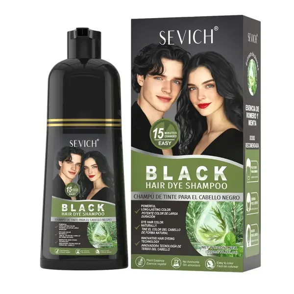 Șampon de Vopsire Păr Negru – Acoperă Firele Albe Rapid, Fără Amoniac, cu Rozmarin, Editie 2026, Professional, Sevich, 500ml