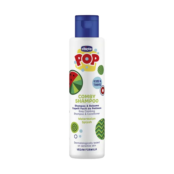 Sampon si balsam de par 2 in 1 Chicco POP cu aroma de pepene rosu, formula vegana, pentru copii si adolescenti, 250 ml
