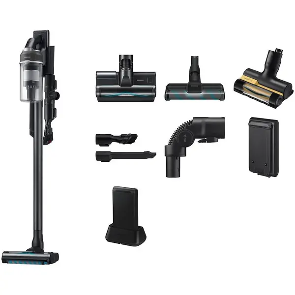 Samsung Aspirator Vertical JET 85S, Samsung VS70H25WEC/GE, Putere aspirare 250W, 25.2V, 0.8l, filtrare HEPA, autonomie 120 min, black chrometal
