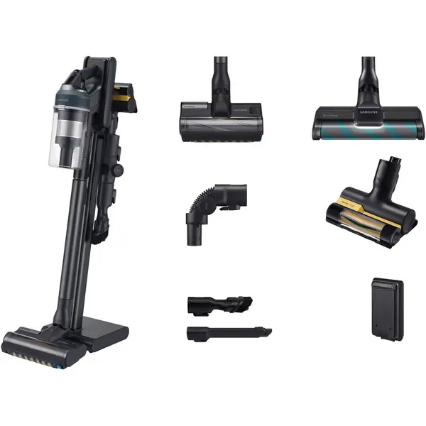 Samsung Aspirator vertical Samsung Jet 95 Complete VS20C9544TB/GE, 0.8L, 25.2V, 580W, Digital Inverter, Perie Jet Dual pentru covoare, Perie Slim LED pentru parchet, Perie Pet, Z-Station, 60 min autonomie, Negru-Albastru