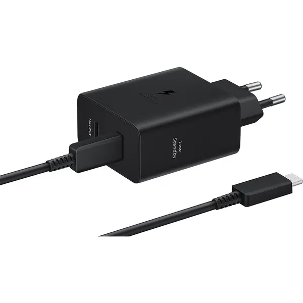 Samsung Incarcator retea Samsung EP-T5020XBEGEU, Super Fast Charger 50W, Adapter Duo USB Type-C, Low Standby, cablu Type-C (5A) inclus, Negru