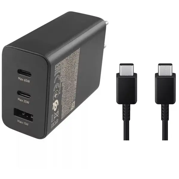 Samsung Incarcator retea Samsung Trio EP-T6530 cu cablu, Quick Charge, 65W, 1 x USB - 2 x USB Type-C, Negru