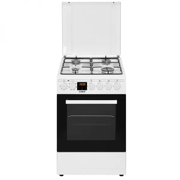 Samus Aragaz Samus SM563AENS, 4 arzatoare pe gaz, cuptor electric, aprindere electrica, 7 functii cuptor, ventilator, grill, timer digital, lumina interioara, gratar + tava cuptor, capac de metal, Alb