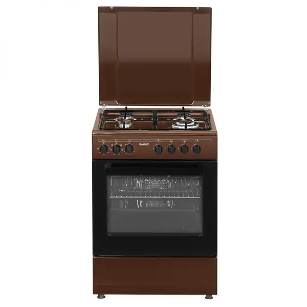 Samus Aragaz Samus SM662AENS BROWN, 4 arzatoare, cuptor electric, 1 arzator WOK, aprindere electrica, grill, timer mecanic, capac metalic, Maro