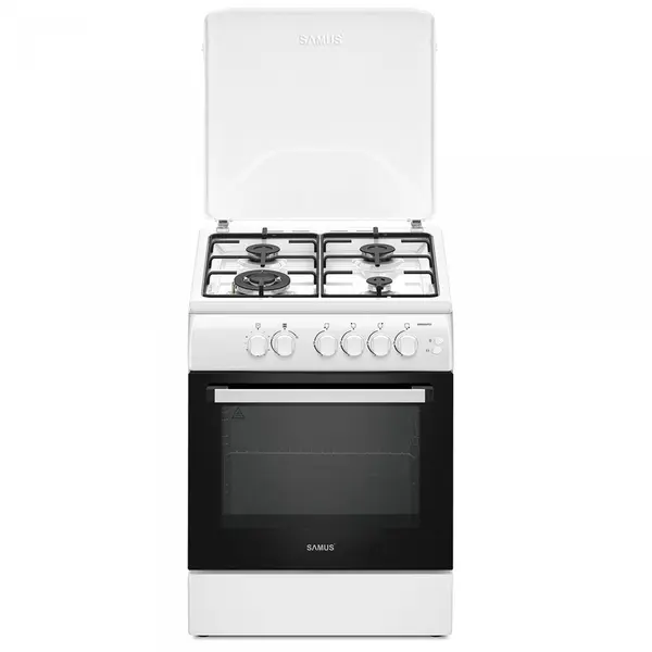 Samus Aragaz Samus SM664APGS, 4 Arzatoare gaz, 1 Wok, Cuptor gaz, Aprindere electrica plita si cuptor, Timer, Grill, Alb