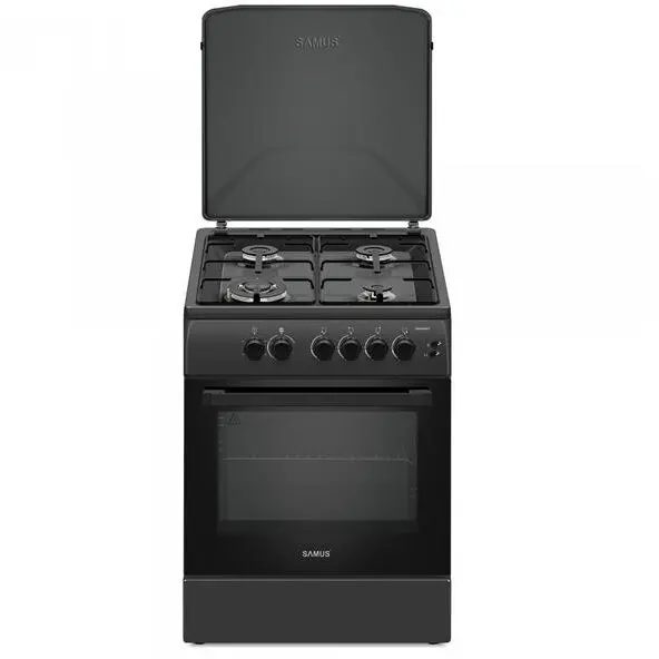Samus Aragaz Samus SM664BPGS, 4 arzatoare, 1 WOK, Cuptor gaz, Aprindere electrica, Siguranta plita si cuptor, Antracit