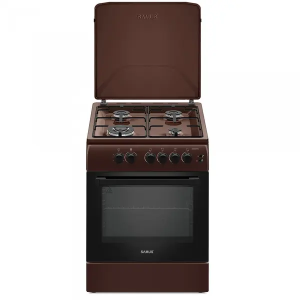 Samus Aragaz Samus SM664MPGS, 4 Arzatoare gaz, 1 Wok, Cuptor gaz, Aprindere electrica plita si cuptor, Timer, Grill, Maro