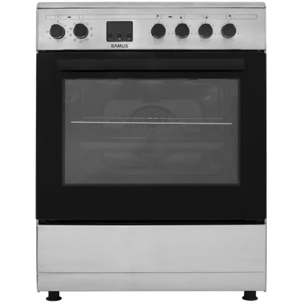 Samus Aragaz Samus SM664VTE, Plita vitroceramica, 4 zone de gatit, 10 functii cuptor, Grill, Convectie 3D, 56 L, Timer, Inox
