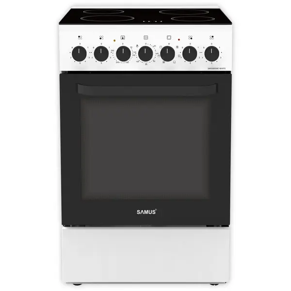 Samus Aragaz Samus SM668VME, Full electric, 4 zone de gatit vitroceramice, Timer mecanic, Termostat reglabil, Capacitate cuptor 60 L, Alb