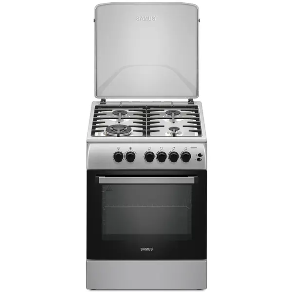 Samus Aragaz SM664XPGS1, 4 arzatoare gaz, cuptor gaz, aprindere electrica plita, timer, grill, sigurante plita si cuptor, Inox