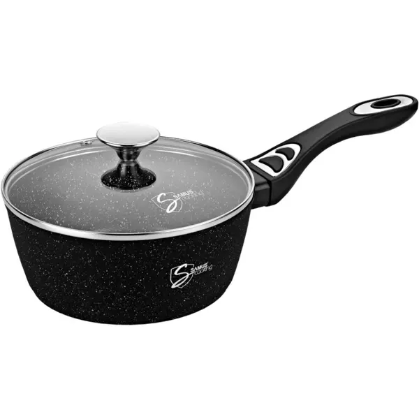Samus Cratita antiaderenta cu maner si capac Samus VER200LSPB, 20 cm, Invelis marmura antiaderenta, Capac din sticla termorezistenta, Negru