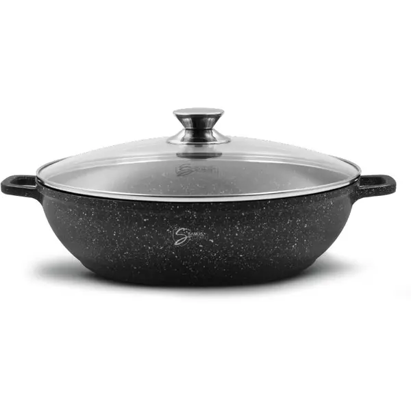 Samus Cratita cu capac Samus, 28X 8 cm, 4.1l – TOL281-CC, TOLEDO LINE, Invelis marmura antiaderenta, Capac din sticla termorezistenta, Negru