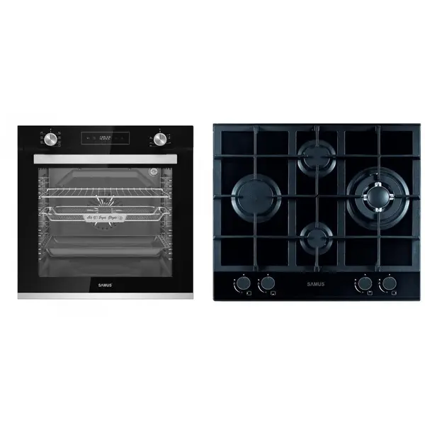 Samus Cuptor incorporabil Samus SCE827GCF, 80 l, 2500 W, 7 Functii + Plita incorporabila Samus PSG-64SG2, Gaz, 4 arzatoare, Arzator WOK, Aprindere electrica, Negru