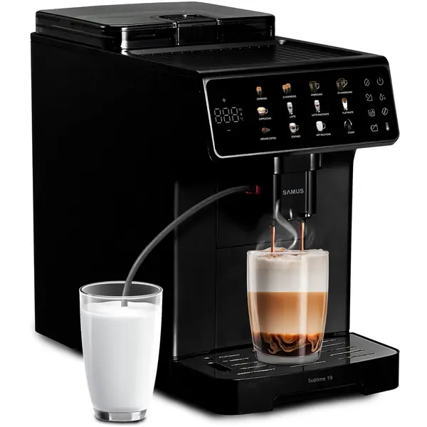 Samus Espressor automat Samus Sublime 19, Rasnita profesionala- 300 g, 19 bari, Putere 1200-1400 W, Rezervor apa 2 L, Sistem extractie lapte cu furtun 25 cm, 10 tipuri de bauturi, Multiple tipuri de reglaje, Negru