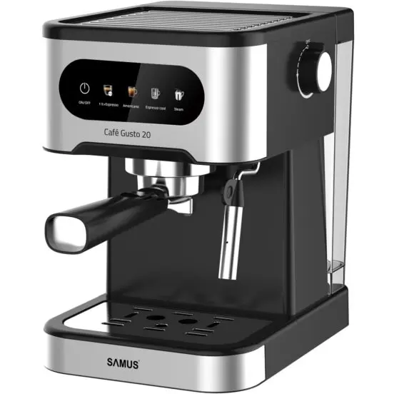 Samus Espressor Samus Cafe Gusto 20, 20 bari, Putere 1350 W, Rezervor de apa transparent detasabil 1.5 litri, Filtru dublu din otel inoxidabil pentru 1 ceasca / 2 cesti, 5 optiuni presetate, Rezervor apa 1.5 L, Negru
