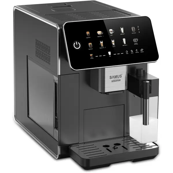 Samus Espressor Samus Sensation, 9 bauturi automate, 15 bari, Rasnita, 1350 W, Rezervor apa 1.5 litri, Rezervor lapte 300 ml, Negru