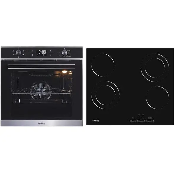 Samus PACHET Samus B12 Cuptor incorporabil Samus SC621G4, Electric, 81 L, 4 functii + Plita incorporabila Samus PSVE-64BG3, Vitroceramica, 5800 W, 4 Zone de gatit, Negru