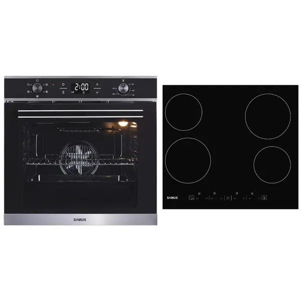 Samus PACHET SAMUS-B6, Cuptor electric incorporabil SC625GDX5 + plita vitroceramica electrica incorporabila PSVE-64BG3, clasa A, 75 litri, 5 functii, 4 zone de gatit, 5800 W, 9 trepte de putere, negru