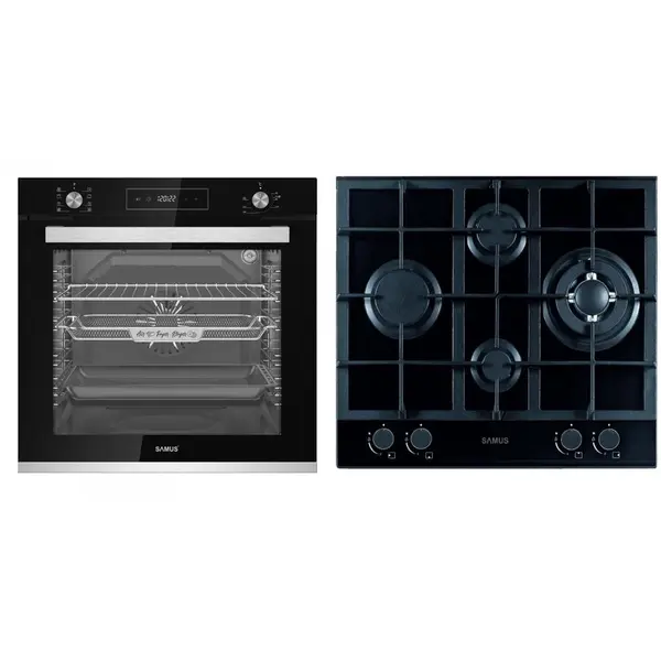Samus Pachet Samus ONL29 Cuptor incorporabil Samus SCE828GCF3D, 80 l, 2500 W, 8 functii, Clasa A, Gatire 3D, Grill, Ventilator, Timer digital, Curatare catalitica + Plita incorporabila Samus PSG-64SG2, Gaz, 4 arzatoare, Arzator WOK, Aprindere electrica,