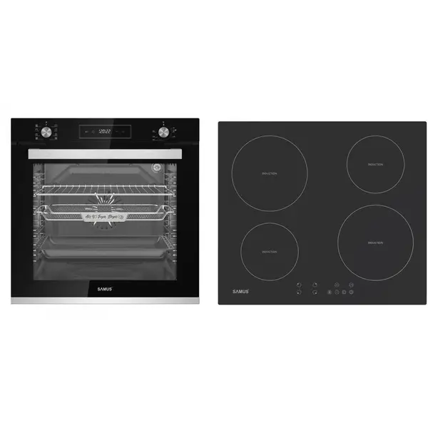 Samus Pachet Samus ONL30 Cuptor incorporabil Samus SCE828GCF3D, 80 l, 2500 W, 8 functii, Clasa A, Gatire 3D, Grill, Curatare catalitica + Plita incorporabila SAMUS PSI-64BMG10, Inductie, 4 zone de gatit, 9 trepte, 7000 W, Negru