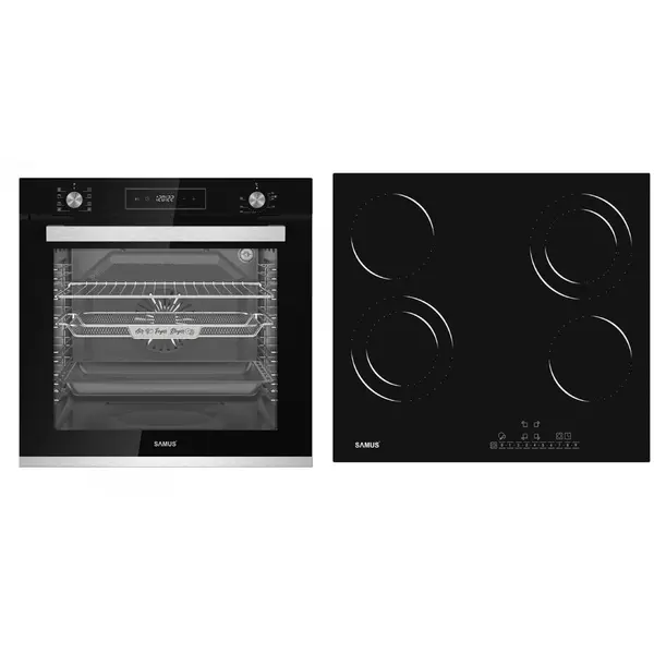 Samus Pachet Samus ONL31 Cuptor incorporabil Samus SCE828GCF3D, 80 l, 2500 W, 8 functii, Clasa A, Gatire 3D, Grill, Ventilator, Timer digital + Plita incorporabila Samus PSVE-64BG3, Vitroceramica, 5800 W, 4 Zone de gatit, Negru
