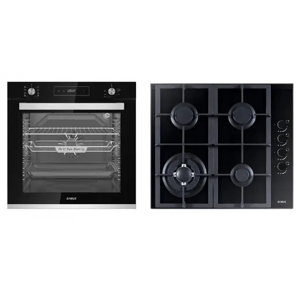 Samus Pachet Samus ONL32 Cuptor incorporabil Samus SCE828GCF3D, 80 l, 2500 W, 8 functii, Clasa A, Gatire 3D, Grill, Ventilator, Timer digital + Plita incorporabila Samus PSG-64SG4, 4 Arzatoare, Aprindere electrica, Siguranta, Negru
